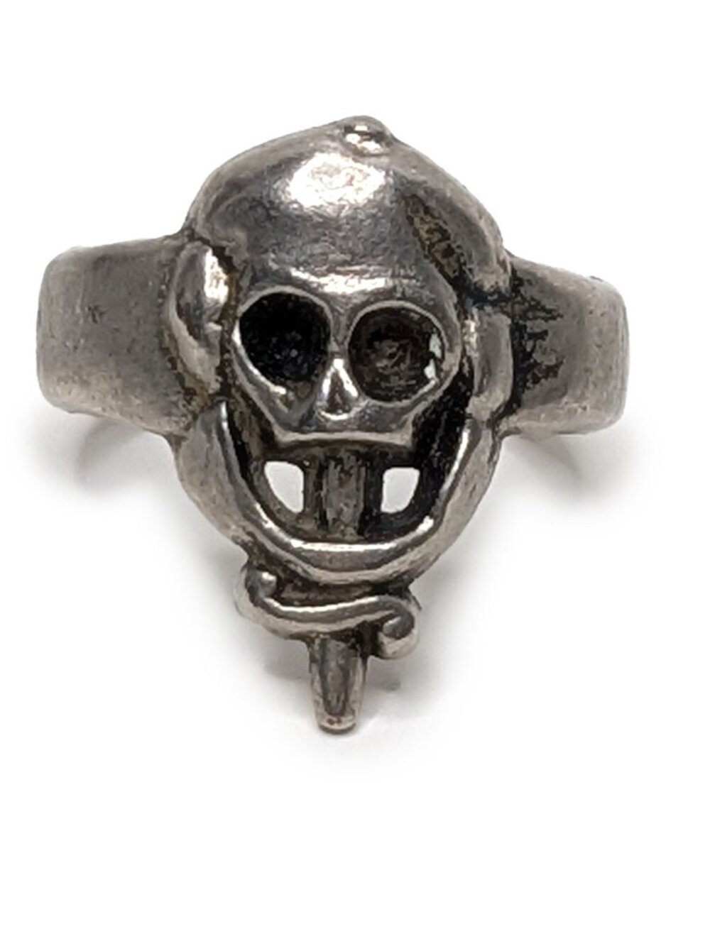 Vintage Gothic Silver Tone Skull and Snake Dagger Statement Ring Size 8.5